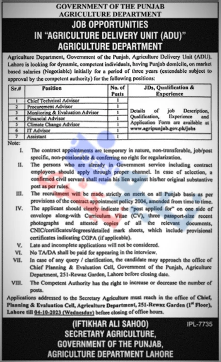 Agriculture Department Punjab Jobs 2024 Advertisement 