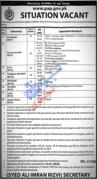 Punjab Assembly Jobs 2024 Advertisement 